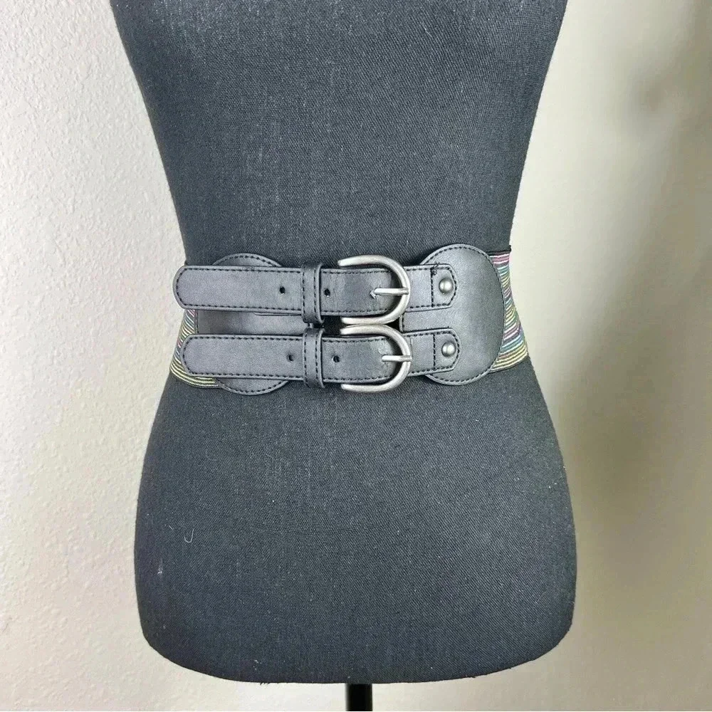 Women’s Wide Multicolored Elastic Vegan Leather Brushed Silver Tone Buckles Belt